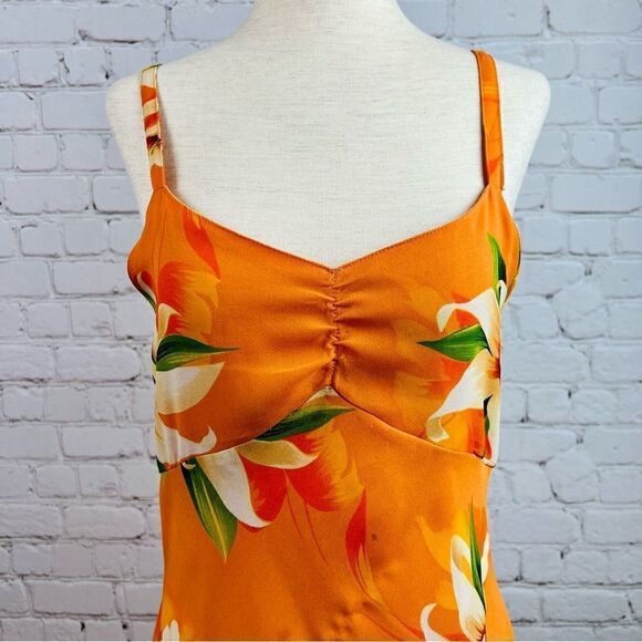 Vintage Y2K Nicolete Orange Tropical Aloha Hawaiian Hi-lo Maxi Dress - Picture 5 of 11